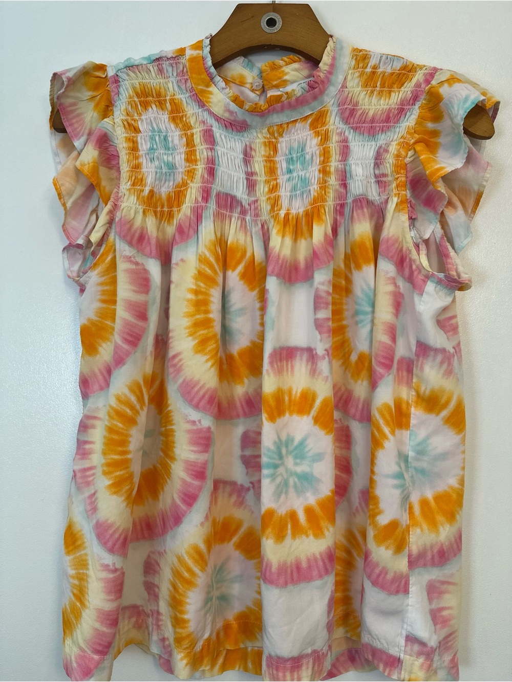 crown & ivy Tie-Dye Smocked Flutter Sleeve Blouse in Orange, Pink, Aqua